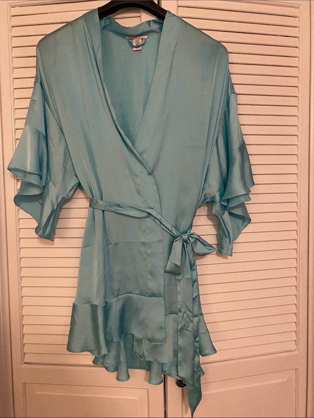 Victoria's Secret Light Aqua Wrap Blouse with Ruffle Hem